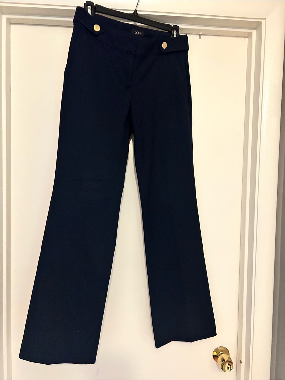 NWOT LOFT Navy Boot-Cut Pants with Gold Button Accents
